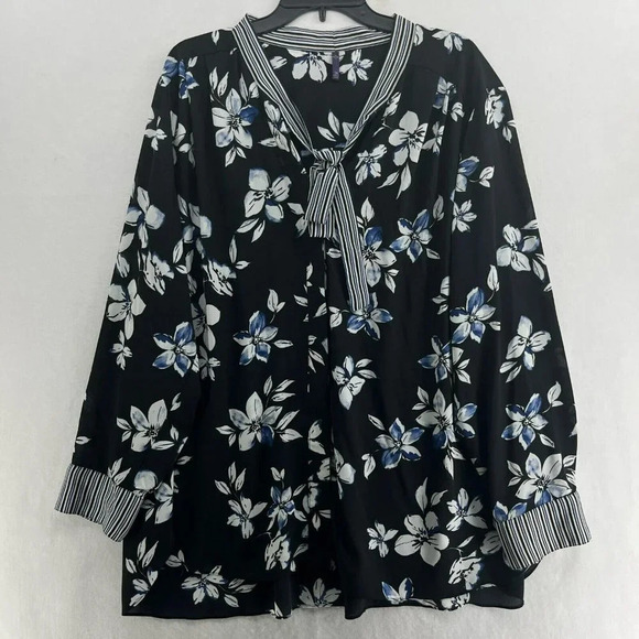 NYDJ Women's Button Up Blouse 2X Black Blue Floral Striped Neck Tie Cuffed Flowy - Picture 1 of 12